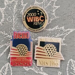 Lapel pins related to bowling events held in Reno, Nevada